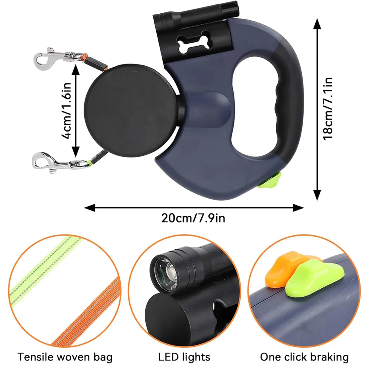 PAWHM 3M Double Dog Leash - Retractable Lead for 2 Small Dogs, Tangle-Free with LED Light & Waste Bag Dispenser, Reflective Hands-Free Leash for Night Walking Golden Retriever 10Ft Leash Dog Rotating Stretchable Pet Leash