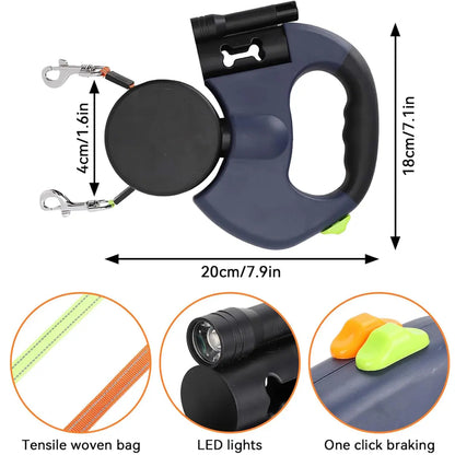 PAWHM 3M Double Dog Leash - Retractable Lead for 2 Small Dogs, Tangle-Free with LED Light & Waste Bag Dispenser, Reflective Hands-Free Leash for Night Walking Golden Retriever 10Ft Leash Dog Rotating Stretchable Pet Leash