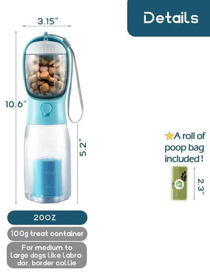 Portable Water Bottle for Dogs, 3 in 1 Pet Travel Bowl Dispenser with Food Treat Container & Poop Bag Holder, Summer Outdoor Walking Hiking Accessories for Large Dog on the Go - Blue, 20Oz