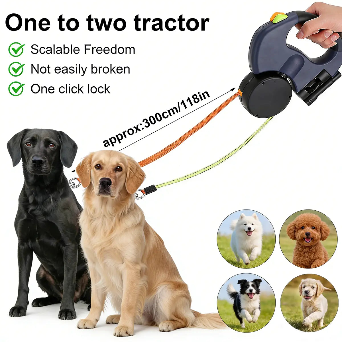 PAWHM 3M Double Dog Leash - Retractable Lead for 2 Small Dogs, Tangle-Free with LED Light & Waste Bag Dispenser, Reflective Hands-Free Leash for Night Walking Golden Retriever 10Ft Leash Dog Rotating Stretchable Pet Leash