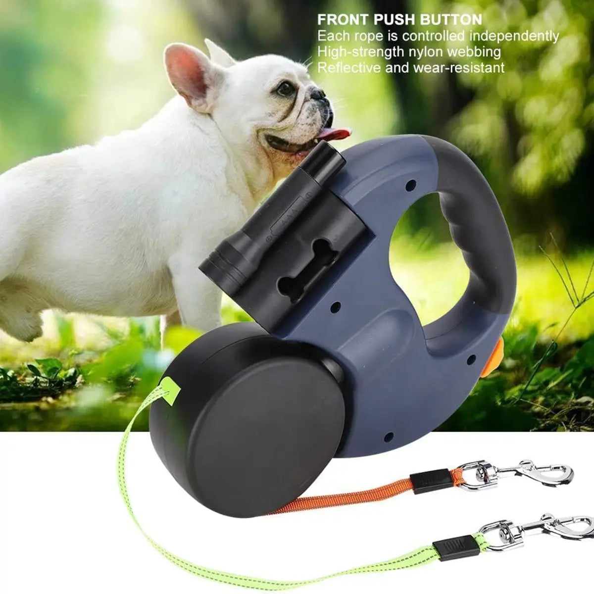 PAWHM 3M Double Dog Leash - Retractable Lead for 2 Small Dogs, Tangle-Free with LED Light & Waste Bag Dispenser, Reflective Hands-Free Leash for Night Walking Golden Retriever 10Ft Leash Dog Rotating Stretchable Pet Leash
